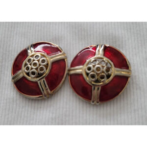 Vintage Red Enamel Domed Clip-On Earrings 1980s Gold-Tone Statement Jewelry